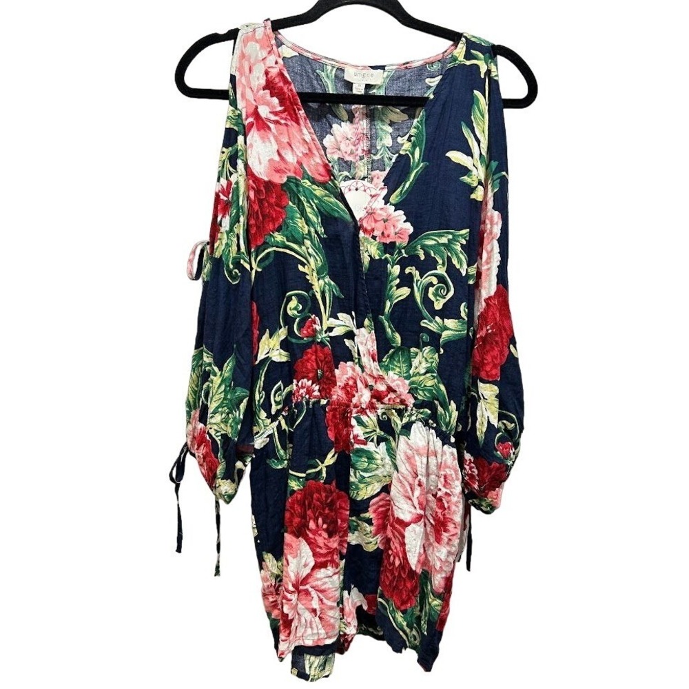 Umgee Navy Blue Floral Romper Shorts Tie-up Long-Sleeve s Size M